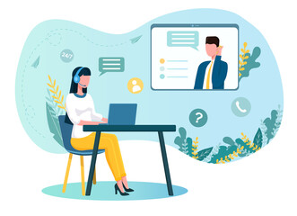 Poster - female operator sitting at the table with headset talking to people. concept of customer service. wo