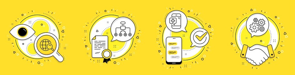 Aufkleber - Internet search, Medical phone and Restructuring line icons set. Licence, cell phone and deal vector icons. Cogwheel sign. Web finder, Mobile medicine, Delegate. Engineering tool. Science set. Vector
