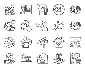 People icons set. Included icon as Buyer think, Loan percent, Safe time signs. Select user, Job interview, Manual doc symbols. Meeting, Approved checkbox, Loyalty program. Person talk. Vector