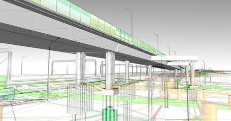 Wall Mural - the bim model of the object of transportation infrastructure of wireframe view