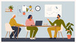 © Angelina Bambina - Scene at office. Men and woman sit taking part in business meeting, negotiation, brainstorming, talking to each other. Colorful vector illustration in flat cartoon style.