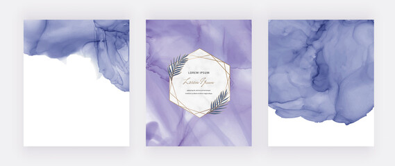 Wall Mural - Purple alcohol ink watercolor cards with marble geometric frames and leaves