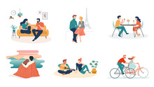 Collection Of Man And Woman Cartoons - Romantic Couple Dating. Couples Sitting At Home Or In A Coffee Shop Walking Paris Or Riding Bikes. Flat Cartoon Colorful Vector Illustrations