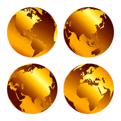 Vector Illustration of gold globe icons with different continents