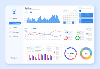 Fototapete - Dashboard, great design for any site purposes. Business infographic template. Vector flat illustration. Big data concept Dashboard UI, UX user admin panel template design. Analytics admin dashboard. 