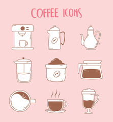 Canvas Print - coffee machine espresso cup french press teapot and cup icons in brown line