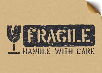 Wall Mural - Grunge Fragile sign on craft paper box for logistics or cargo. Means do not crush, handle with care. Vector illustration