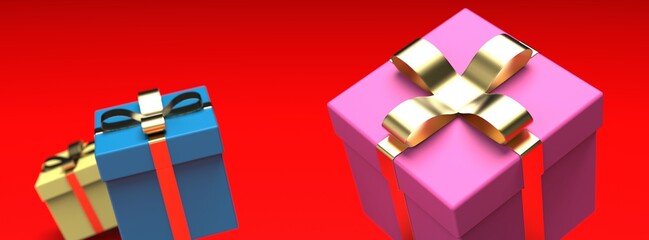 Wall Mural - Colorful closed gift boxes with gold ribbon on red background. 3D illustration. 3D CG. 3D high quality rendering.