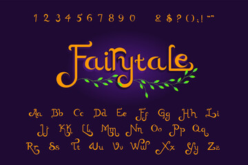 Set of hand drawn script alphabet with number and common symbols on dark lavender colored background. Suitable for wedding invitations, Christmas cards, book titles with fairy tale or fantasy themes