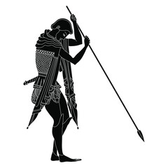 Wall Mural - Young ancient Greek warrior with a spear. Vase painting style. Black and white silhouette.