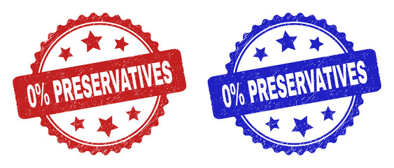 Sticker - Rosette 0% PRESERVATIVES seal stamps. Flat vector grunge watermarks with 0% PRESERVATIVES caption inside rosette with stars, in blue and red color variants. Watermarks with grunge texture.