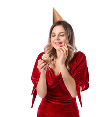 Poster - Beautiful young woman with birthday cupcake on white background