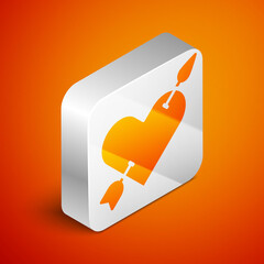 Poster - Isometric Amour symbol with heart and arrow icon isolated on orange background. Love sign. Valentines symbol. Silver square button. Vector.