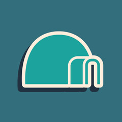 Poster - Green Igloo ice house icon isolated on green background. Snow home, Eskimo dome-shaped hut winter shelter, made of blocks. Long shadow style. Vector.