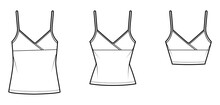 Set Of Camisoles Surplice Tank Top Technical Fashion Illustration With Empire Seam, Adjustable Straps, Slim Or Oversized Fit, Crop Or Tunic Length. Flat Template Front White Color. Women Men CAD