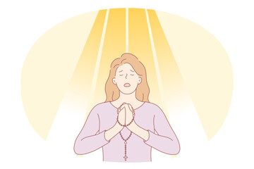 Wall Mural - Praying, Grief, Depression concept. Young unhappy female cartoon character standing with hands crossed in praying and talking to god about her grief feeling depressed vector illustration 