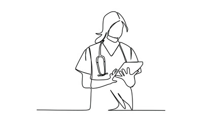 Young medical doctor woman filling out prescription. Continuous one line drawing