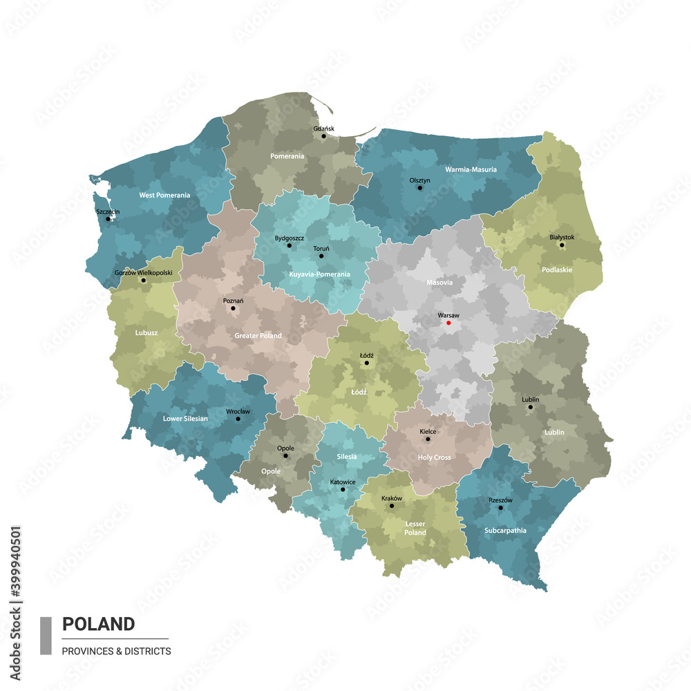 Poland higt detailed map with subdivisions. Administrative map of Poland with districts and cities name, colored by states and administrative districts. Vector illustration.