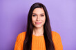 © deagreez - Photo portrait of brunette with long hair smiling in orange sweater isolated on vibrant purple color background