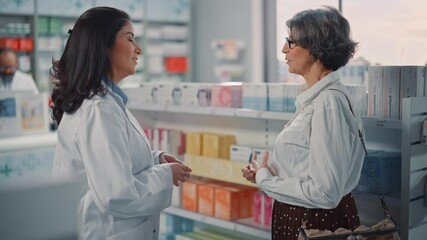 Wall Mural - Pharmacy Drugstore: Senior Woman Chooses to Buy Medicine, Drugs, Vitamins. Professional, Helpful Pharmacist Advicing Customer Best Option. Modern Pharma Store Health Care Products