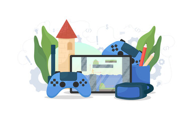 Poster - video game development flat concept vector illustration. vr glasses. project development and program
