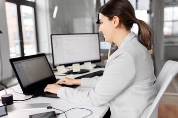 Sticker - business and people concept - businesswoman with laptop computer working at office