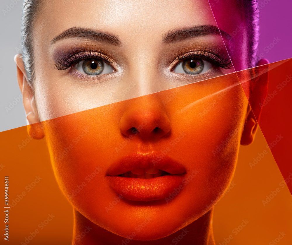 Beautiful white girl with bright eye-makeup. Beautiful fashion woman with  a colored  items.   Glamour fashion model with bright gloss make-up posing at studio. Stylish fashionable concept. Art. - obrazy, fototapety, plakaty 