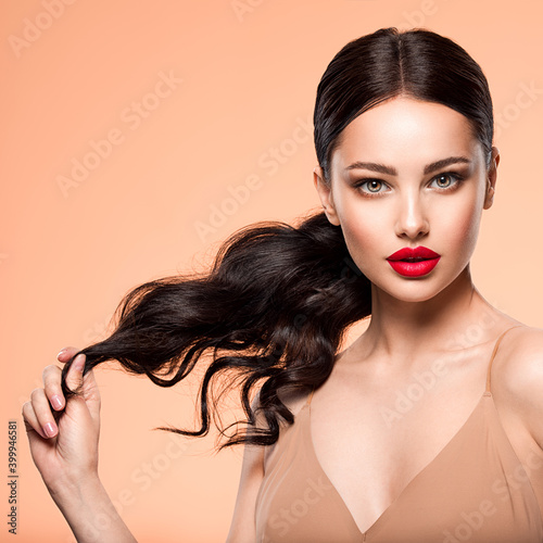 Beautiful white girl with a red lipstick on lips Billede på lærred