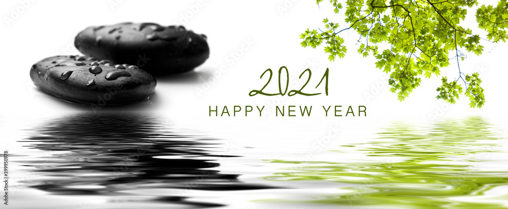 zen banner happy new year card 2021 - raindrops on black pebbles in border water reflection - obrazy, fototapety, plakaty 