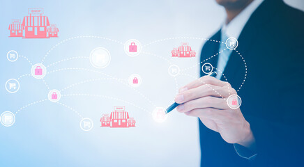 Poster - Businessman touchscreen online shopping in the graph Screen supermarket  Icon of a media screen, Technology Process System Business with Communication and marketing  and shopping icon concept.