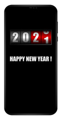 Poster - Happy new year 2021 on mobile phone screen with counter vector greeting card