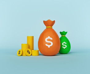 cartoon style money bag and stack of coins isolated. money savings concept. minimal design. 3d rendering