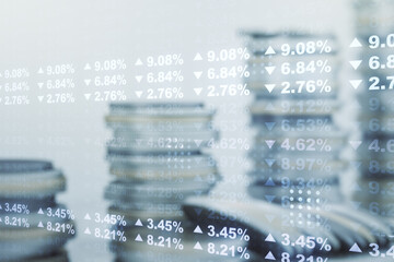 Poster - Multi exposure of creative statistics data hologram on growing stacks of coins background, stats and analytics concept