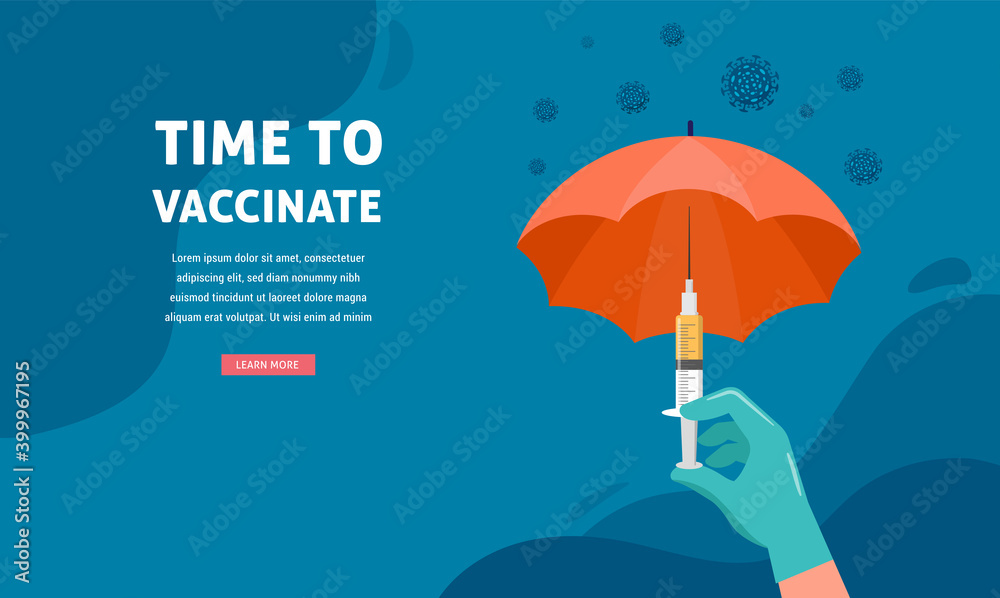 Vaccination concept design. Time to vaccinate banner. Umbrella-shaped syringe with vaccine for COVID-19, flu or influenza - obrazy, fototapety, plakaty 