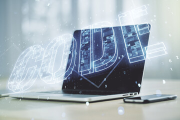 Poster - Creative Code word sign on modern computer background, international software development concept. Multiexposure