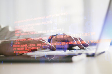 Poster - Abstract creative coding illustration with hands typing on laptop on background, software development concept. Multiexposure