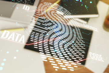 Poster - Multi exposure of creative fingerprint hologram and digital tablet on background, top view, personal biometric data concept