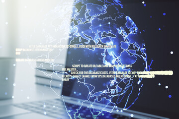 Poster - Multi exposure of abstract creative coding sketch with world map on modern laptop background, artificial intelligence and neural networks concept