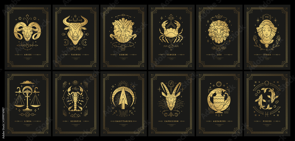 Zodiac astrology horoscope cards linocut silhouettes design vector illustrations set - obrazy, fototapety, plakaty 