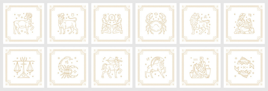 Zodiac astrology horoscope signs linear design vector illustrations set