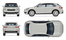 Crossover SUV Vector Mockup On White Background For Vehicle Branding, Corporate Identity. View From Side, Front, Back, Top. All Elements In The Groups On Separate Layers For Easy Editing And Recolor