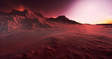 Fototapeta Londyn - Mars environment. Mountains covered with yellow fog. 3D illustration. Red mountains in the desert.