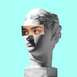 © master1305 - Collage with plaster head model, statue and female portrait isolated on blue background. Negative space to insert your text. Modern design. Contemporary colorful and conceptual bright art collage.