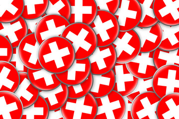 Wall Mural - Many round badges with a Flag Of Switzerland. 3D rendering. 3D illustration.