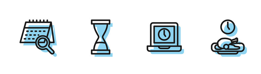 Poster - Set line Laptop time, Calendar search, Old hourglass with sand and Food icon. Vector.