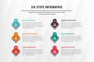Poster - Creative infographic design template with 6 square elements, line pattern arrows, hexagon space for icon and text on the right side. Six steps of business project development concept. 
