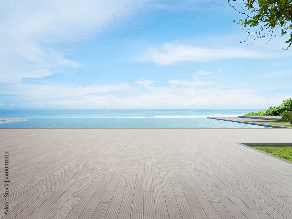 Luxury beach house with sea view swimming pool and terrace in modern design. Wooden floor deck at vacation home or hotel. 3d illustration of contemporary holiday villa exterior. - obrazy, fototapety, plakaty 