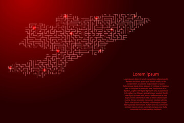 Fototapete - Kyrgyzstan map from red pattern of the maze grid and glowing space stars grid. Vector illustration.