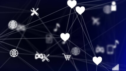 Poster - Social network connections. Connecting popular icons on the internet, nodes transforming into the shape of a world map.