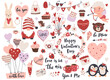 © Colorlife - Valentine’s Day element set: gnome, love text, heart shape, cute cupid,  flowers, air balloons and calligraphy quotes.  Perfect for scrapbooking, greeting card, party invitation, gift tags.